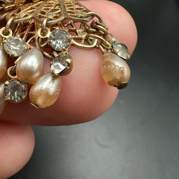 Vintage Estate Rhinestone Filigree Clip On Drop Balls Layered Cha Cha Earrings - Picture 9 of 12